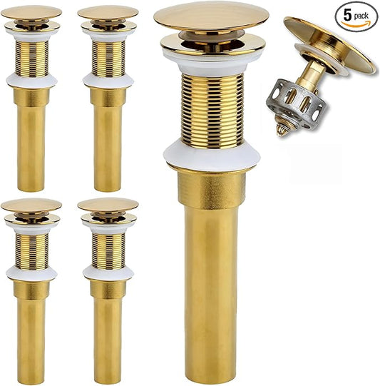 Bathroom Sink Drain, 5 Pack Gold Drain Stopper Bathroom Sink Without Overflow, Pop Up Drain Assembly with Detachable Strainer Basket, Built-in Anti-Clogging Strainer,Stainless Steel