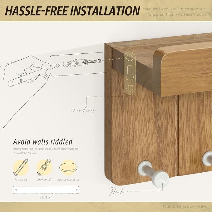 Rebee Vision Modern Farmhouse Key Holder Wall Mount - 8 inch Rustic Key and Mail Holder for Wall with 4 Hooks and Small Floating Shelf - The Perfect Aesthetic Stuff in Your Apartment (Light Brown)