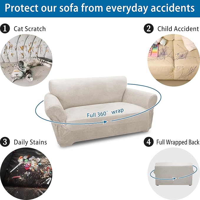 Loveseat Sofa Slipcover Leather Look Couch Covers for 2 Seater Couch Sofa 1-Piece Sofa Cover Stretch Furniture Protector with Elastic Bottom & Pockets(Loveseat, Beige)