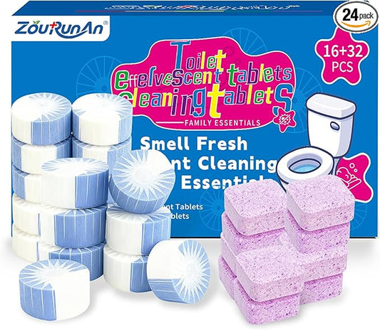 24 PACK Toilet Cleaning Tablets Set - 8 Effervescent Toilet Bowl Cleaners Tablets + 16 White Blue Toilet Tank Tablets, Double-Action Formula for Stain, Water Deposit Removal