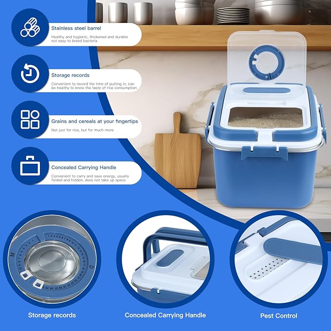PENCK 20lbs Rice Storage Container Stainless Steel, 10L Airtight Flour Cereal Dispenser with Measuring Cup Portable Food Storage Box for Kitchen Pantry Countertop Blue