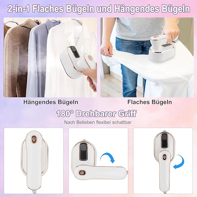 1000W Travel Steam Iron - 15s Fast Heating, 180° Foldable Portable Steamer - Mini Size for Home & Travel