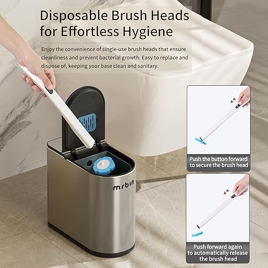 MRBIN Motion Sensor Bathroom Trash Can and Disposable Toilet Brush Holder Set, 1.8 Gallon Slim Stainless Steel Small Garbage Pail, Toilet Smart Waste Basket with Lid and Odor Filter, Eclipse Grey