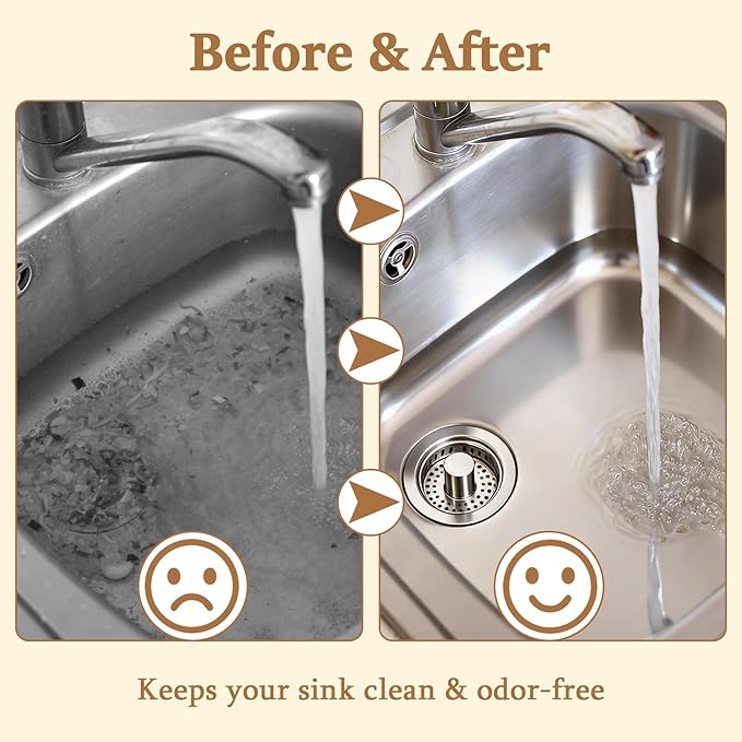 3-in-1 Kitchen Sink Drain Strainer - Pop Up Sink Stopper with Anti-Clogging Basket, Kitchen Gadgets Clearance Sink Accessories, Fits Standard 3-1/2” Openings for Double Bowl Kitchen Sinks