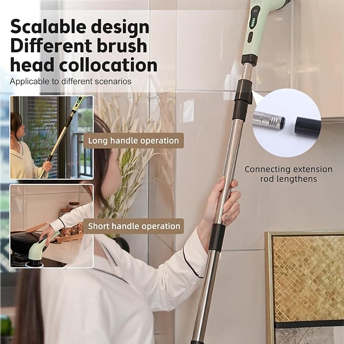 Cordless Electric Spin Scrubber, 9 Replacement Cleaning Heads IPX6 Dual Cleaning Brush with Extension Arm for Bathroom Bathtub Grout Tile Floor (6