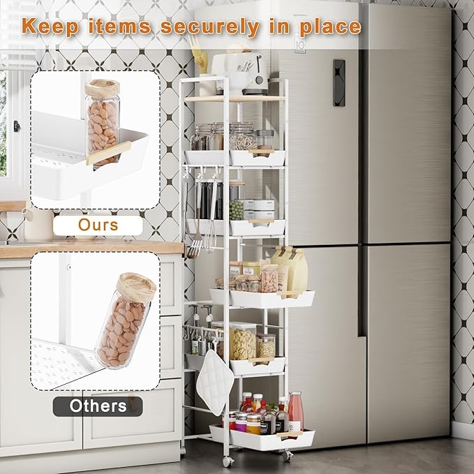 6 Tier Storage Cart with Pull-Out Baskets Rolling Storage Cart with Wheels Wood Top Organizer Rolling Utility Cart for Pantry Laundry Room Bathroom Kitchen White 14.5”D x 13”W x 64.1”H