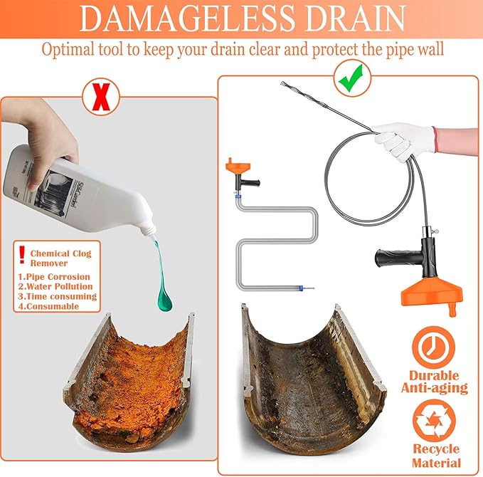 Drain Snake Auger（33 Feet）, Plumbing Snake Drain Hair Clog Removal Tool, Heavy Duty Snake Auger, Sink Unclogger Drain Cleaner Tool for Bathroom Kitchen Tub Shower Drain Clog Remover with Gloves