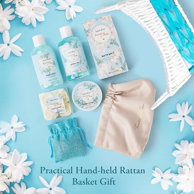 8 Pcs Bath & Body Gift Basket, Gardenia Tulip Gifts for Mom Spa Gift Set for Women, Self-Care Relaxation Gift, Home Spa, Spa Kit w/ Mini Bag Cute Wallet, Birthday, Christmas, Mother Day, Anniversary