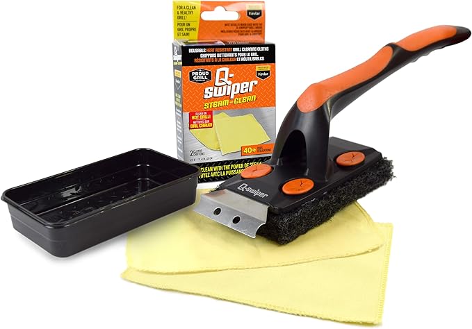 Q-Swiper XL Steam-Clean BBQ Grill Cleaner Set - 1 Long Grill Brush with Scraper, 2 Heat Resistant Kevlar® Steam Clean Cloths, 1 Tray | Bristle Free | Safe Way to Steam away Grill Grease & Grime