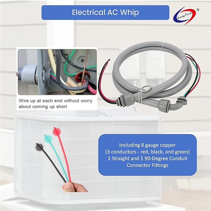 Electrical AC Whip Assembly -3/4" x 6ft Non-Metallic Liquid Tight Electrical Conduit and 8 Gauge Wire A/C Hook-up Whip Kit