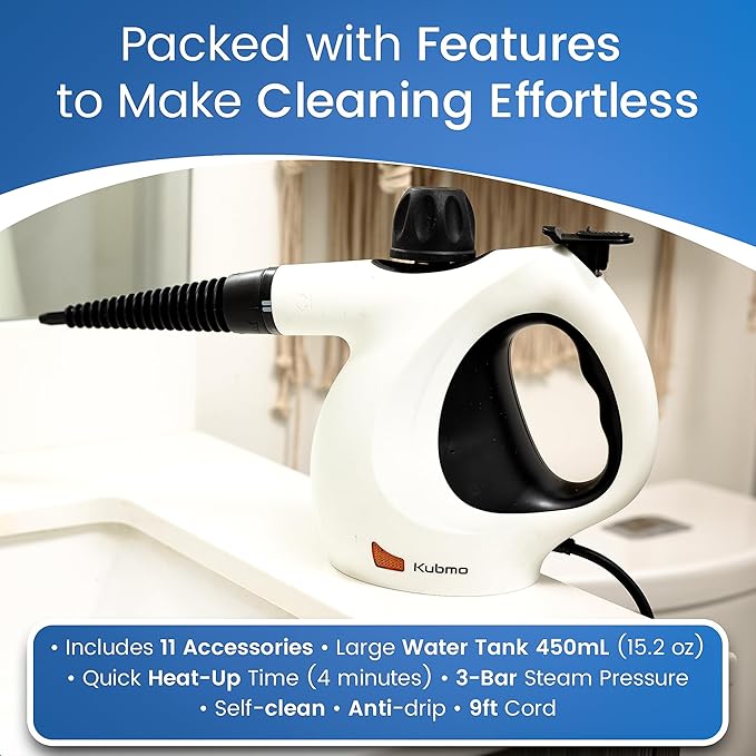 Handheld Multi-Surface Pressurized Steam Cleaner with 11 pcs Accessories, 15.2oz Tank Multi-Purpose Steamer for Home Use, Natural Steamer for Cleaning Tile, Floor, Bathroom, Window, Upholstery, Grease