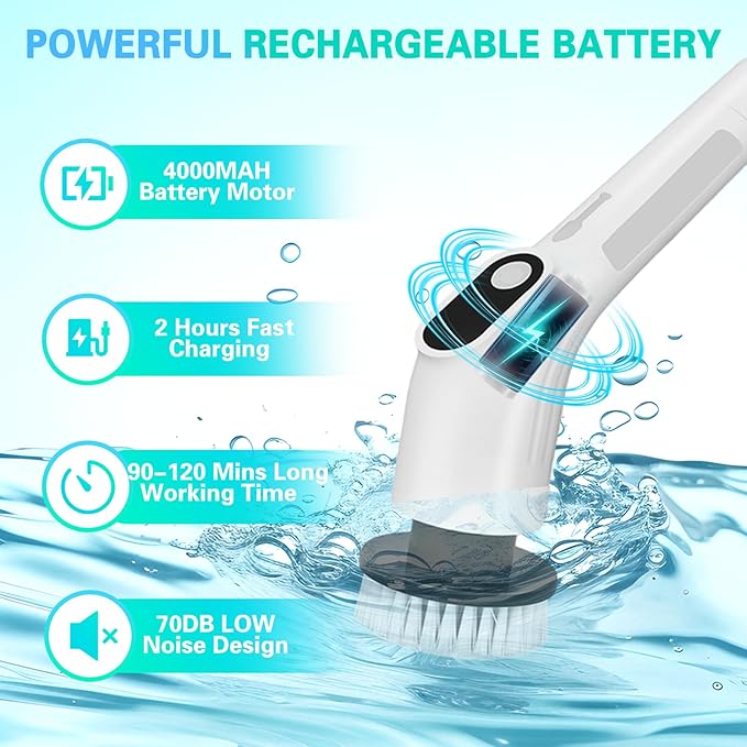 LICHIFIT Electric Spin Scrubber, Waterproof Cordless Shower Cleaning Brush with Replaceable Brush Heads and Adjustable Extension Handle 2 Speeds for Bathtub Kitchen Wall Cleaning