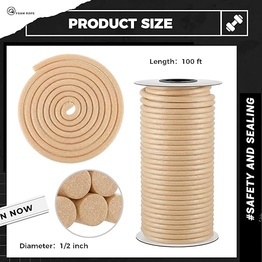 1/2 Inch x 100 ft Foam Backer Rod for Gaps Joints Concrete Crack Filler Caulk Saver Bulk Foam Backing Rod Concrete Filler Rope for Weather Stripping Door Seal (Sandy)