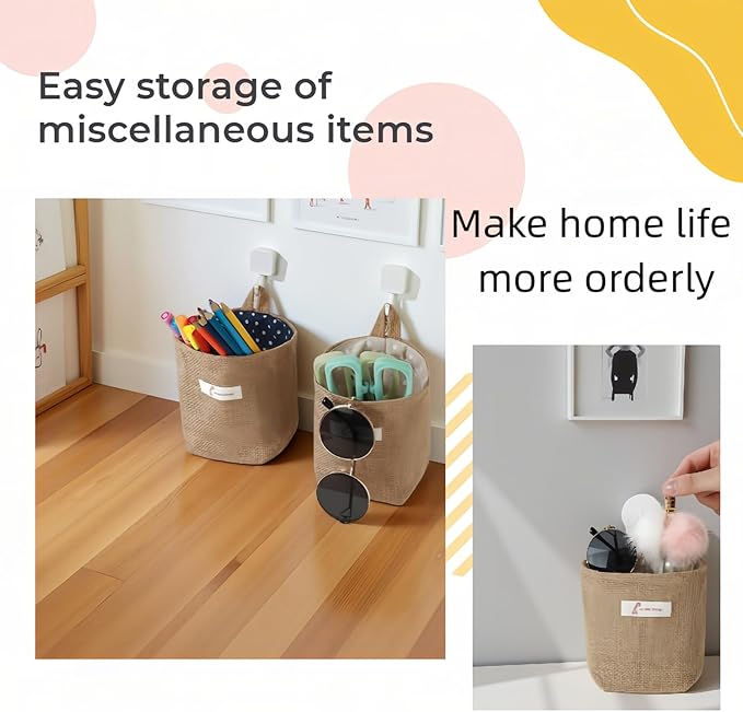 Washable Cotton Linen Hanging Organizer Bag for Door Wall Bedside | Washable Storage Pockets | Space Saving ，Reusable Closet Organizer (2Pack) (Deep blue dots+yellow stripes)