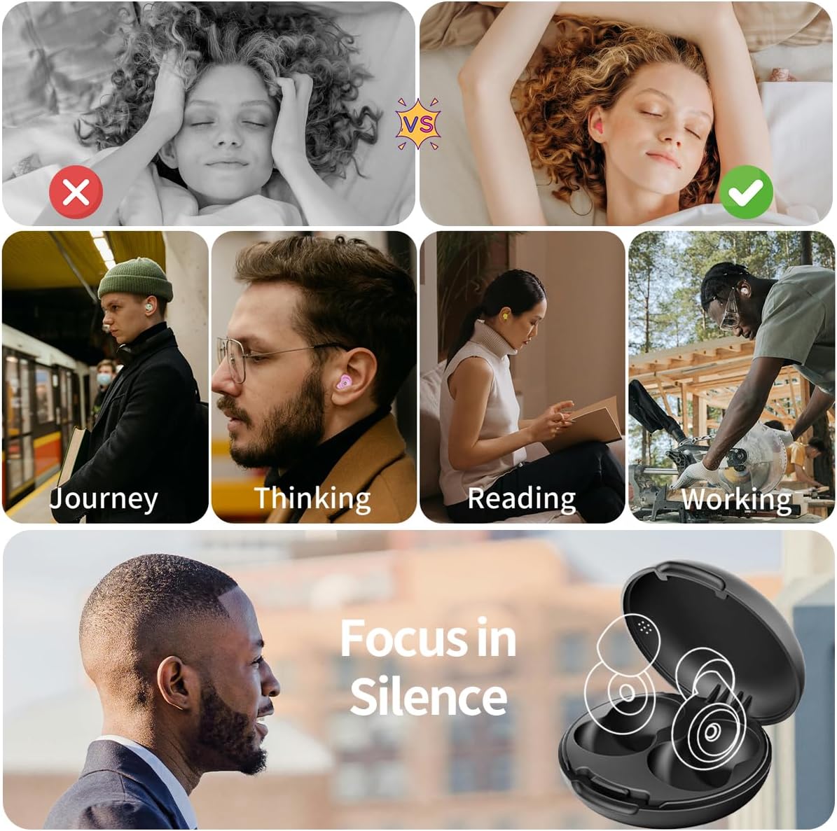 Ear Plugs for Sleeping Earplugs for Concerts Noise Cancelling Reusable Soft Silicone Noise Reduction Earbuds for Travel, Focus, Work 33-45dB Hearing Protection with 9 Ear Tips & Case (Black)