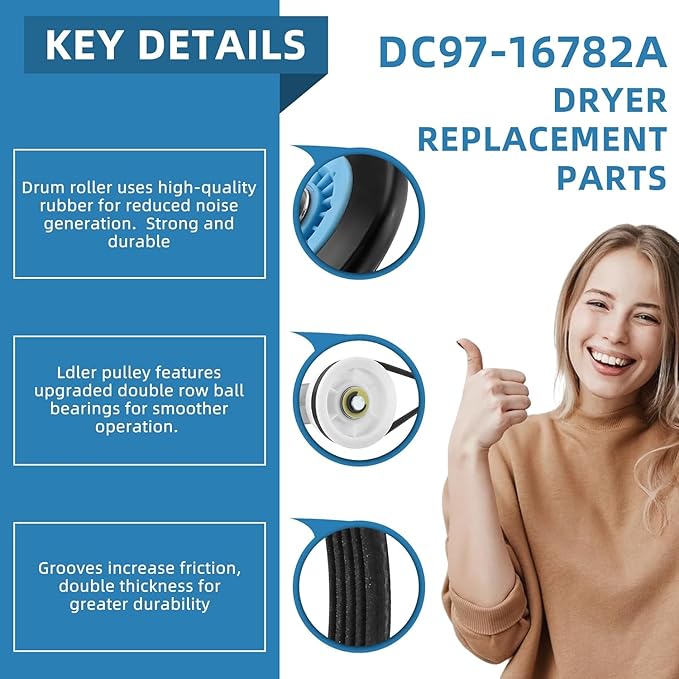 Dryer Repair Kit DC97-16782A Dryer Roller Compatible with Sam-sung DV50K86EV/A3 DV40J3000EW/A2 Includes 6602-001655 Dryer Belt DC93-00634A Dryer Idler Pulley with Tension Spring by AMI PARTS