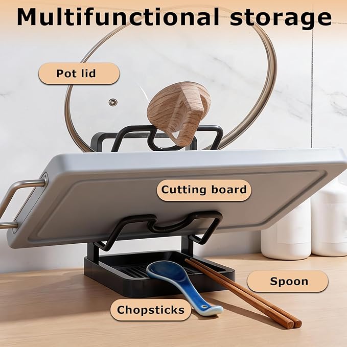 Kitchen Pot Lid Storage Rack, Carbon Steel Pot Lid Holder While Cooking,Countertop Pot Lid Organizer with Tray,Multifunctional Kitchen Utensil Organizer for Spatula,Ladle,Cutting Board (Gray,Double)