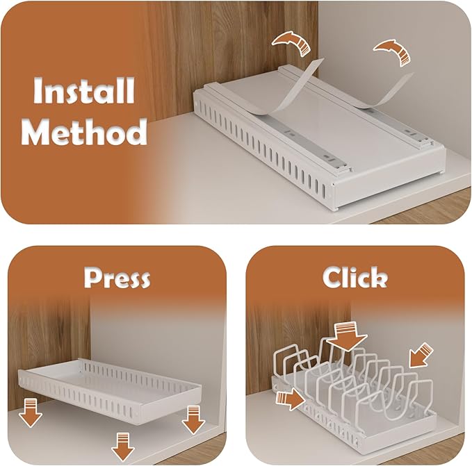 Pots and Pans Organizer Under Cabinet, Sliding Lid Holder and Pan Rack in Kitchen, Slide Out inside Cabinet Storage for Pot Lid, Bakeware, Dishes, 8 Adjustable Dividers, 2 Pack White