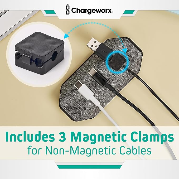 CHARGEWORX Magnetic Cable Organizer – 4 Pack - Weighted Non-Adhesive Cord Holder with 3 Magnetic Clips for USB-C, Lightning & MagSafe Cables – Desk, Office & Nightstand Cable Management