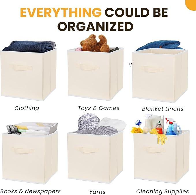 Criusia Large Storage Cubes, 13 Inch Cube Storage Bins for Shelves Closet Nursery Bedroom - 10 Pack Collapsible Storage Baskets with Handles - Fabric Bins for Organizing Clothes Blanket Toys (Beige)