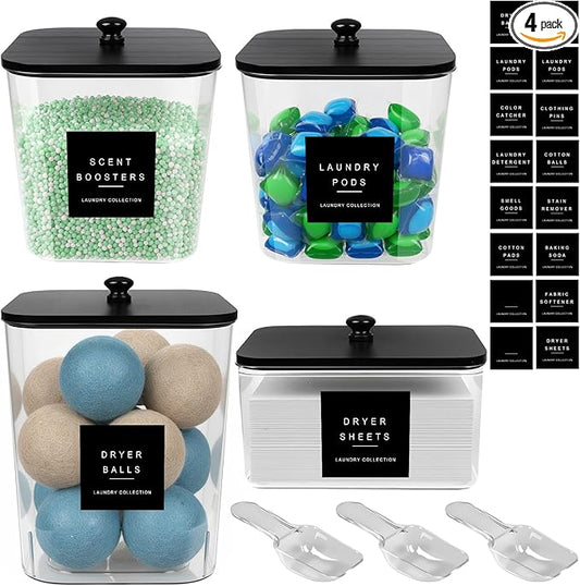 4 Pack Laundry Pod Containers and Dryer Sheet Holder Acrylic Jars with Bamboo Lids and Labels Laundry Room Organization Containers for Scent Booster Powder Detergent Pods Storage