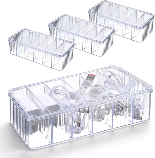 4 Pcs Cord Organizer Box, 8 x 4 x 2 Inch Small Clear Plastic Cable Organizer Box with Lid 6 Compartments Cord Boxs for Home, Office, Desktop Organization