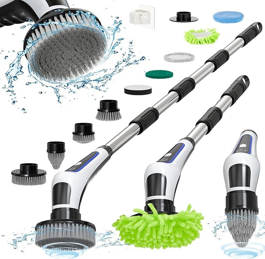 Electric Spin Scrubber,IPX7 Waterproof Cordless Cleaning Brush, Bathroom Scrubber with Adjustable Handle and 9 Replaceable Brush Heads,3-speeds,Electric Rotary Scrubber for Bathroom,Tub,Tile
