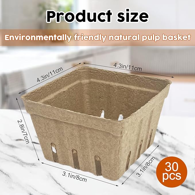30 Pcs Natural Pulp Fiber Berry Basket, Molded Berry Basket Produce Vented Container for Strawberry Blueberry Raspberry and Vegetable Small Farmer Market Grocery Stores, Backyard Party 4.3x4.3x2.8inch