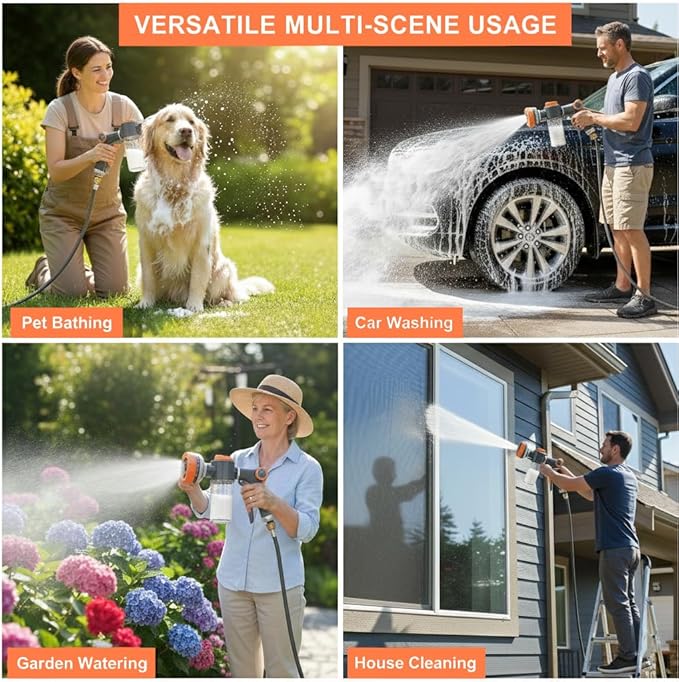 Dog Washing Hose Attachment, 8-in-1 Sprayer Hose Nozzle with Soap Dispenser for Dog Showering, Watering Flowers, Car Washing (With Brush and Lint Remover)