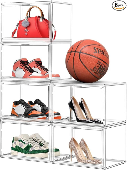 6 Pack Acrylic Shoe Storage Boxes Size 14 X-Large Clear Shoe Hat Containers Sneaker Display Case with Magnetic Door, Easy Assembly