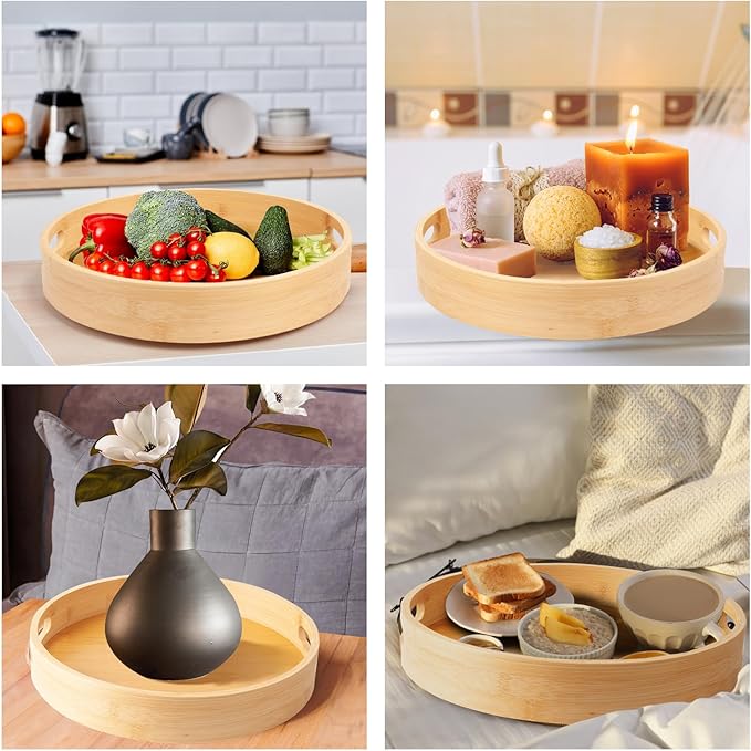 12in Bamboo Lazy Susan Turntable Organizer - Tall Side Anti-Fall Spinning Storage for Kitchen,Pantry, Countertop & Cabinet | Rotating Round Spice, Seasoning & Condiment Tray