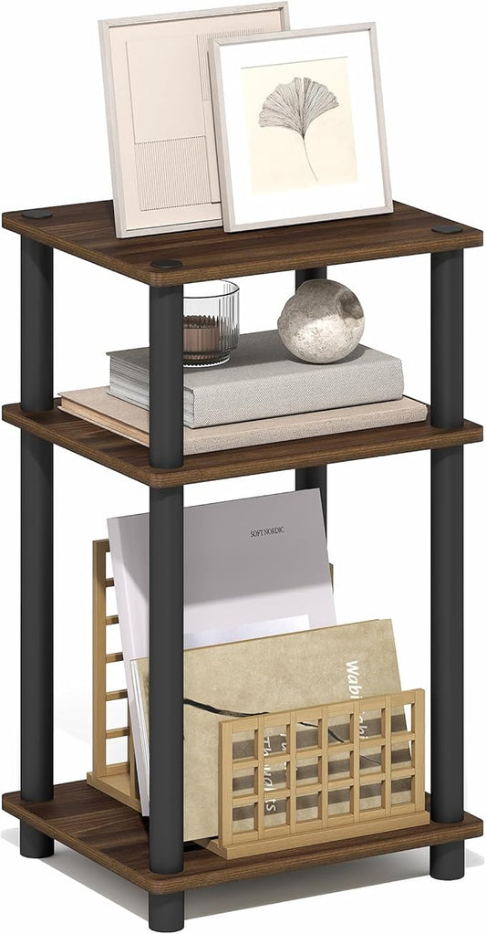 Furinno Turn-N-Tube Side Table, 3-Tier End Table with Open Shelf, Toolless Assembly Night Stand, Bedside Table, for Living Room, Bedroom, Brown Walnut