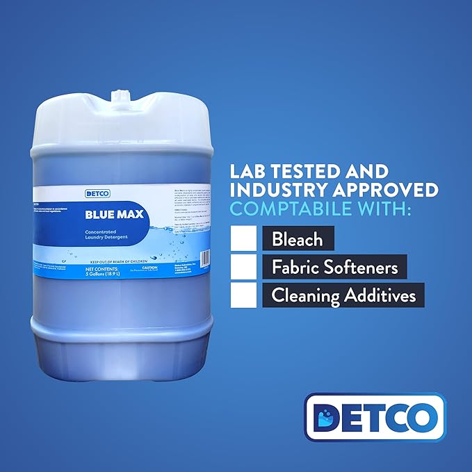 Blue Max Industrial-Strength Laundry Detergent Concentrate - Safely Clean 256 Loads Per Gallon, 1/2 Ounce Per Load, Heavy Duty Concentrated Commercial Formula, 5 Liquid Gallon Cube, Pack of 1