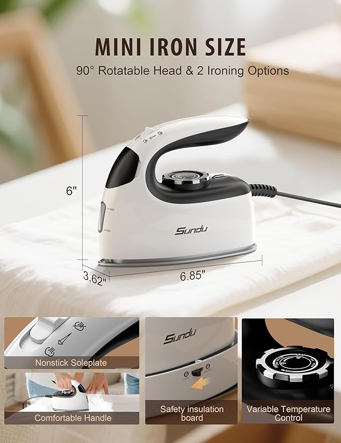 Sundu Small Steam Iron for Clothes, 1000W Travel Iron Portable with Silver Non-Stick Soleplate, 300 Microsteam Holes & 90ml Tank, Lockable Base for Quilting & Sewing (Silver)