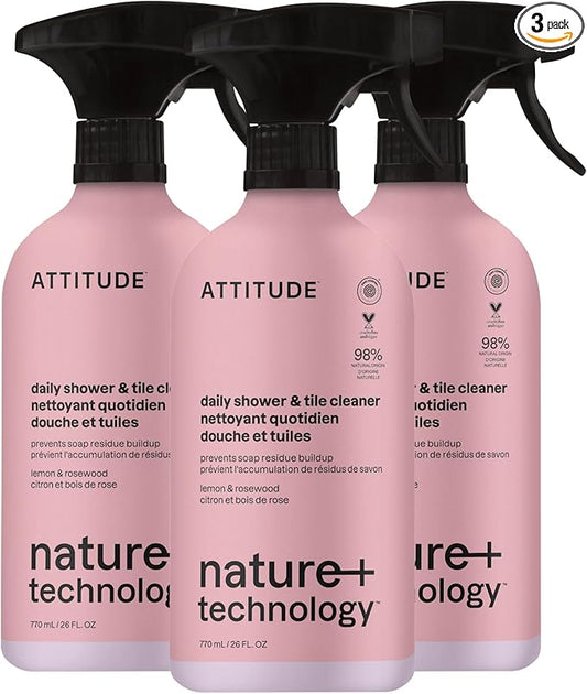 ATTITUDE Shower & Tile Cleaner Spray, EWG Verified, Bathroom Cleaner Removes Soap Scum & Grime, Plant-Based & Vegan, Lemon & Rosewood Scent, 26 Fl Oz (Pack of 3)