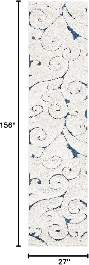 SAFAVIEH Florida Shag Collection Runner Rug - 2'3" x 13', Cream & Blue, Scroll Design, Non-Shedding & Easy to Clean, High-Low Plush Pile, Ideal for Bedroom, Foyer, Hallway (SG455-1165)