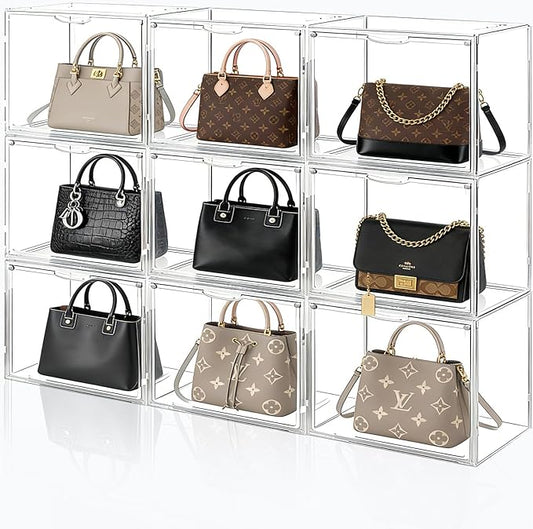 6 Pack Clear Acrylic Purse Organizer for Closet, Stackable Handbag Storage Boxes with Magnetic Doors, Dustproof Display Cases for Bags, Shoes & Collectibles
