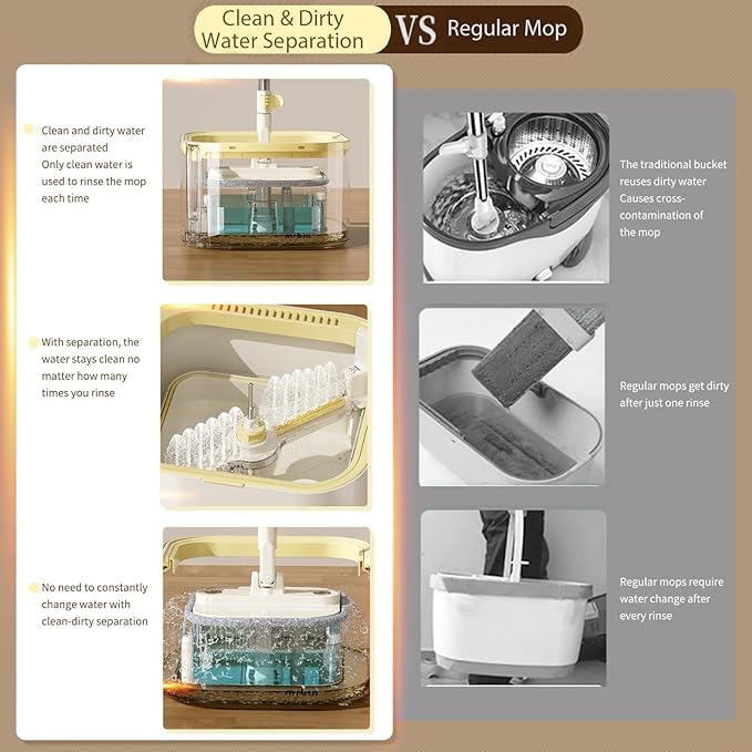 Mrbin Spin Mop for Floor Cleaning and Bucket Set, 2 In 1 Quick Dry Wet Flat Swivel Trapeador Hands Free with Washable Microfiber Pads, Refillable Tank for Hardwood, Laminate, Tile, Vinyl, Cream White