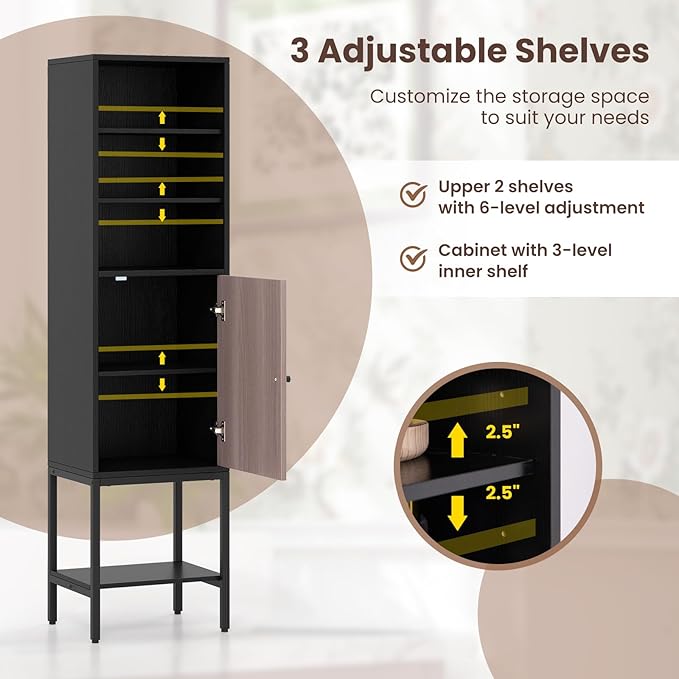 Giantex 57” Tall Bathroom Storage Cabinet, Floor Cabinet with Door, Adjustable Shelves & Foot Pads, Metal Legs, Anti-Tipping Kit, Slim Bathroom Storage Unit for Living Room, Kitchen (Black)