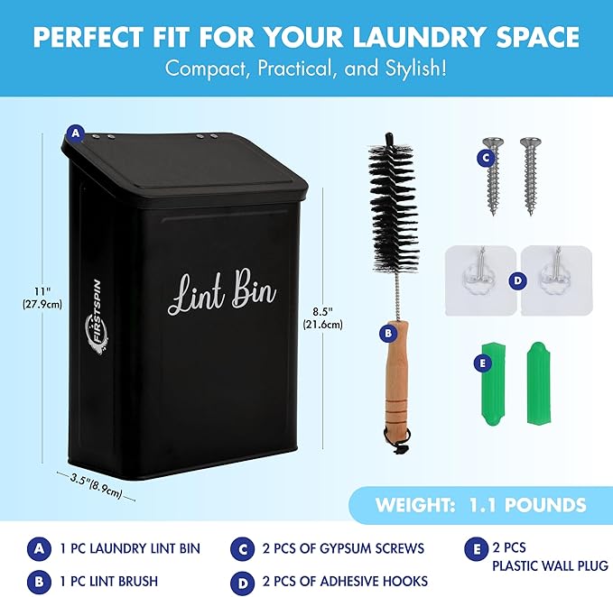 Magnetic Lint Bin for Laundry Room – Metal Lint Holder with Lid – Wall Mount & Magnetic Laundry Lint Bin Trash Can – Modern Farmhouse Style for Laundry Room Organization and Storage