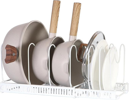 Expandable Pots and Pans Organizer Rack, Pot Lids Cutting Boards Kitchen Cabinet Organizer Holder with 7 Adjustable Compartments, Cookware Bakeware Rack for Kitchen Cabinet Countertop Storage, White