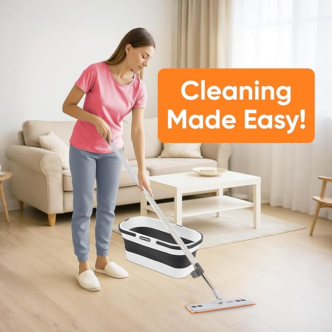 Superio Fold N' Go 10L Collapsible Mop Bucket with Wheels & Self-Wringing Microfiber Flat Mop - Portable, Hands-Free Cleaning Set for Home, Car, Kitchen, Bathroom, Hardwood & Tile Floors