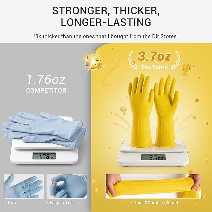 3 Pairs Rubber Dishwashing Gloves, Reusable Household Cleaning Gloves for Women Men, Kitchen and Bathroom Cleaning, Gardening, Pet Care, Extra Thickness, 20 Mil, 13", Heavy Duty, Non-Slip, M