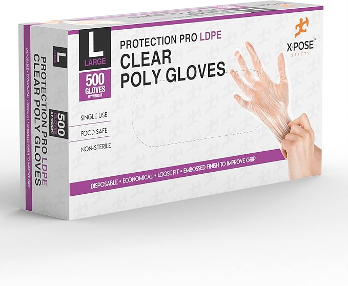 Xpose Safety Disposable Food Prep Poly Gloves - Transparent Embossed Latex Free Kitchen, Plastic Gloves for Food Handling
