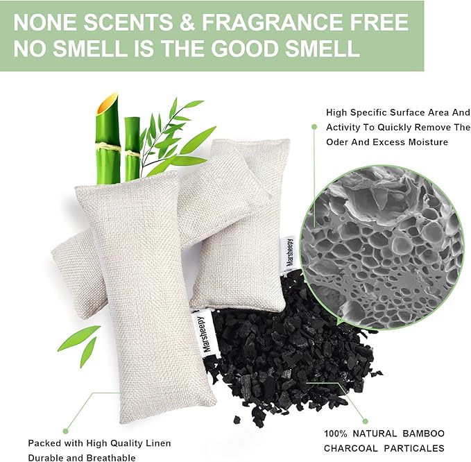 6 Pack Charcoal Shoe Deodorizer Bags, Shoe Smell Remover and Odor Eliminator,Bamboo Charcoal Air Purifying Bags, Activated Charcoal Odor Absorber for Gym Bag, Car, Pet, Closet