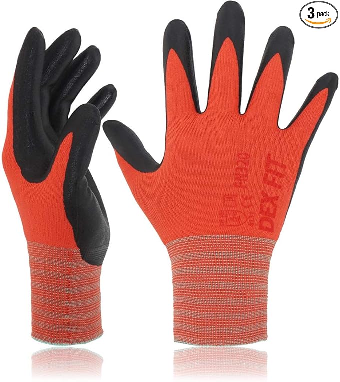 DEX FIT Nylon Work Gloves FN320, 3D Comfort Fit, Power Grip, Lightweight & Breathable, Touchscreen, Gardening, Yard Work, Warehouse, Delivery Driver Gloves; Red 7 (S) 3 Pairs