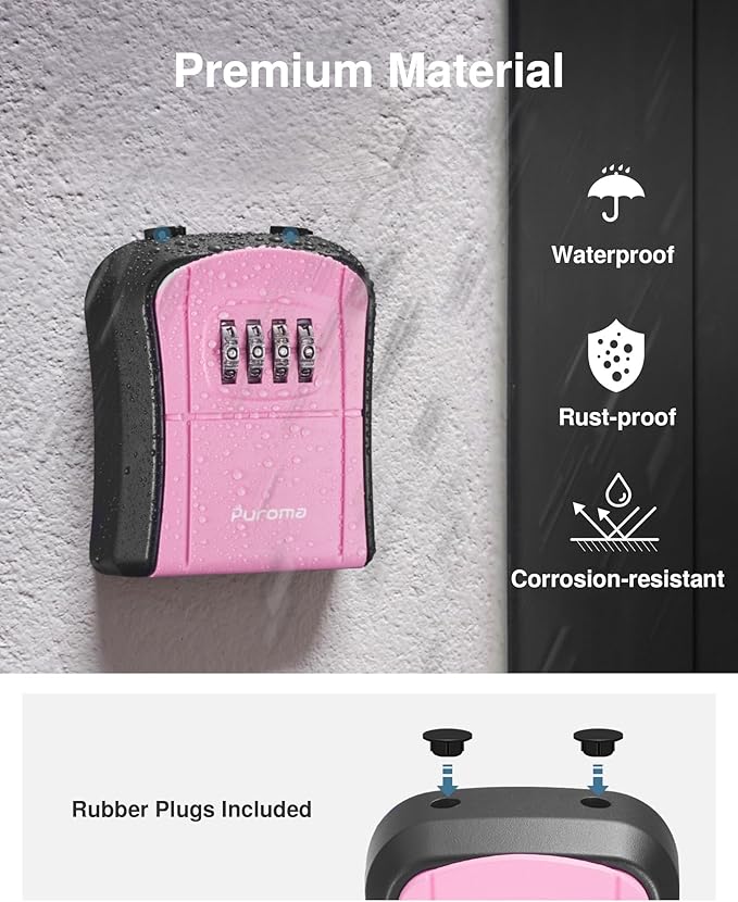 Puroma Key Lock Box, Portable Combination Lockbox Wall-Mounted Key Storage Box for House Keys, Resettable Code Safe Security Lock Box for Home, Office, Apartment Spare Key Storage (1 Pack, Pink)