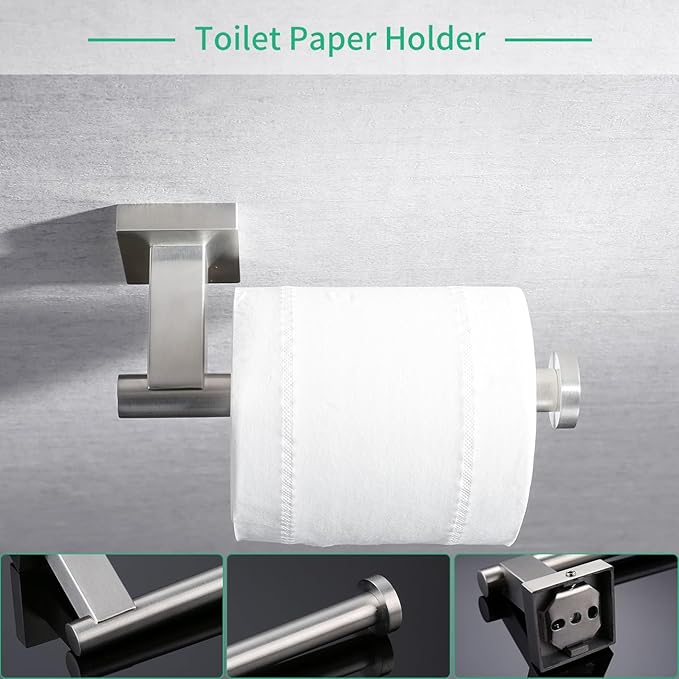 Miyili 5-Piece Bathroom Hardware Kit Set Brushed Stainless Steel Wall Mount - Includes Double Towel Bar, Hand Towel Rack, Toilet Paper Holder, 2X Robe Hook, BS02N5