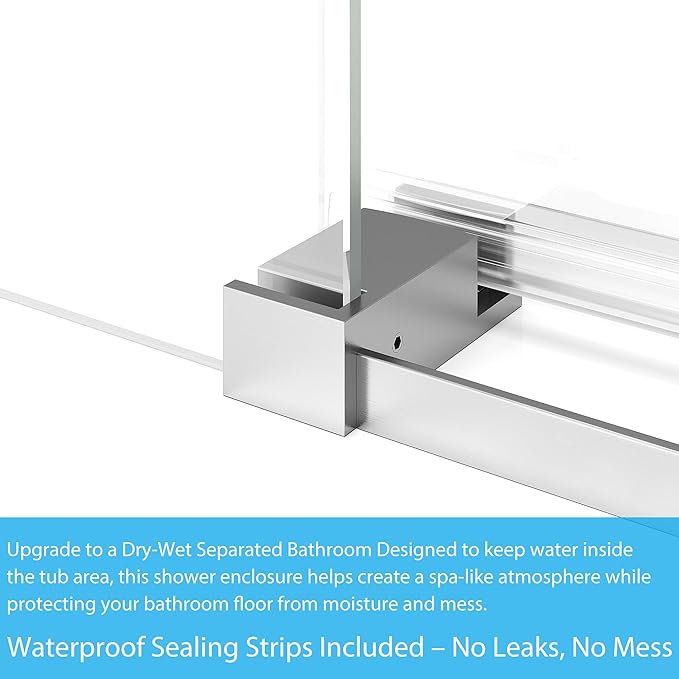 Frameless Bathtub Shower Door 56–60 Inch W × 59 Inch H, Sliding Tub Door, Sliding Shower Panels, 6mm Tempered Glass, Square Stainless Steel Track, Brushed Stainless