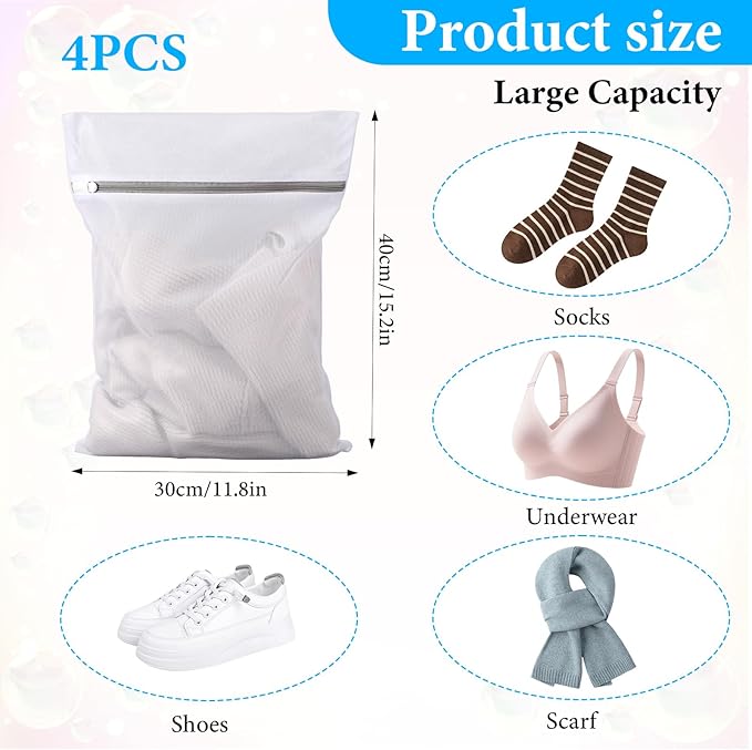 4PCS Laundry Mesh bag with Zips, 30x40cm Laundry Bags for Delicates, Mesh Laundrys Bags for Washing Machine, for Clothes, Socks, Underwear, Pants